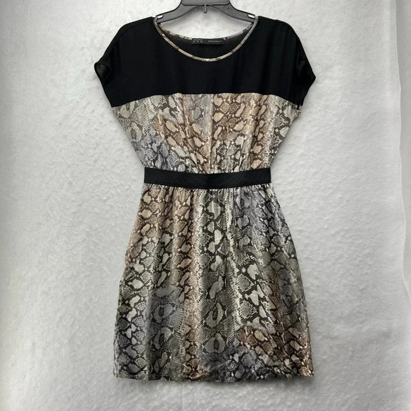 Zara Dresses & Skirts - Zara Basic Dress Women's M Brown Black Snake Print Round Neck Elastic Waist Mini